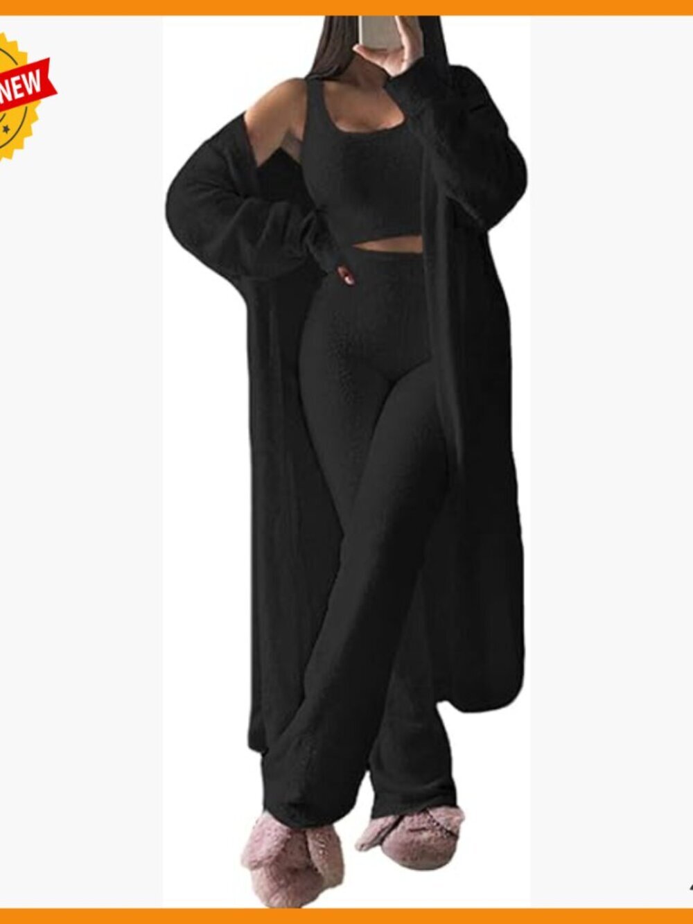 Large Fuzzy 3-Piece Lounge Set with Cardigan Crop Top Wide Leg Pants